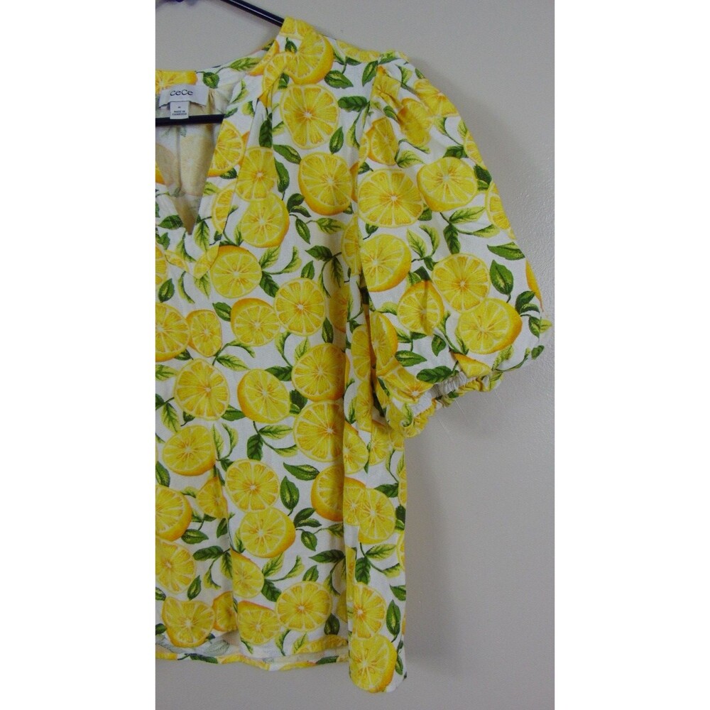 CeCe Top Womens Medium Lemon Print Puff Sleeve Linen Blend V-Neck Yellow Fruit - Picture 7 of 10